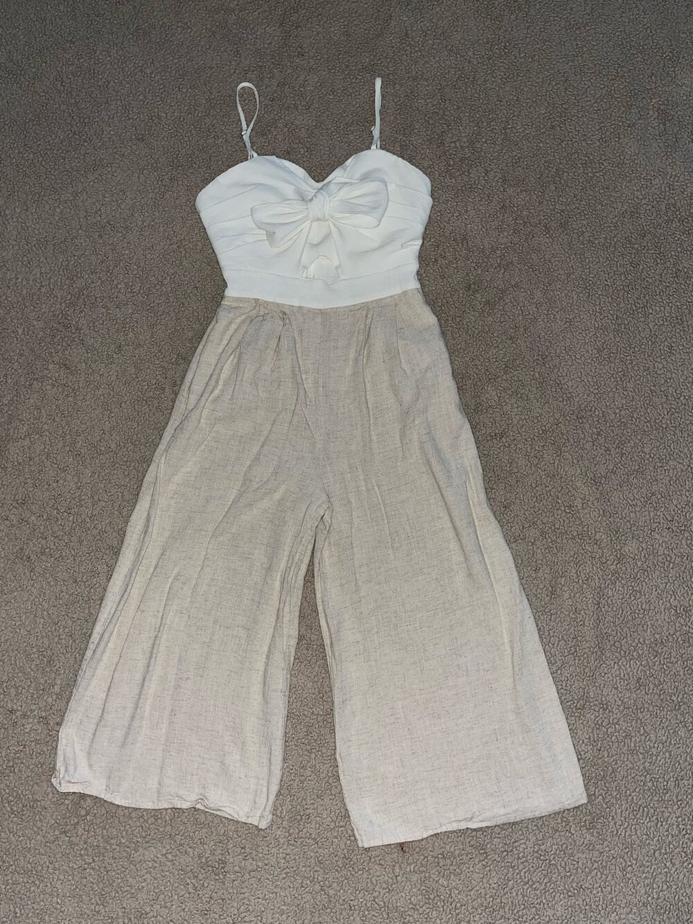 Verte Two-Tone Linen Wide Leg Capri Jumpsuit - White/Tan Sz S